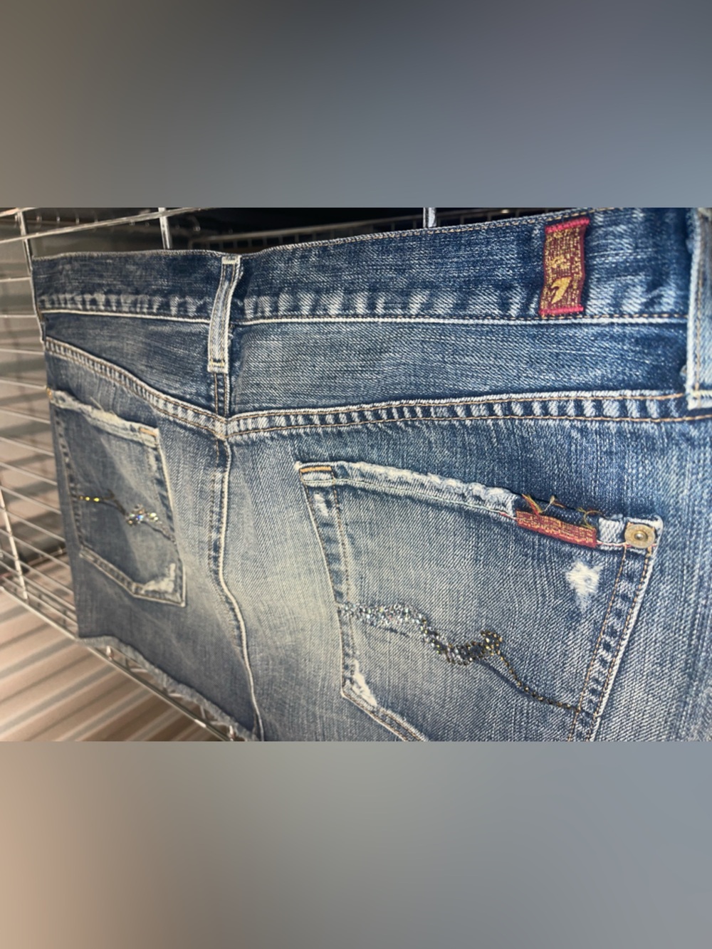 Seven7 Blue Denim Mini Skirt with Swarovski Embellished Pockets